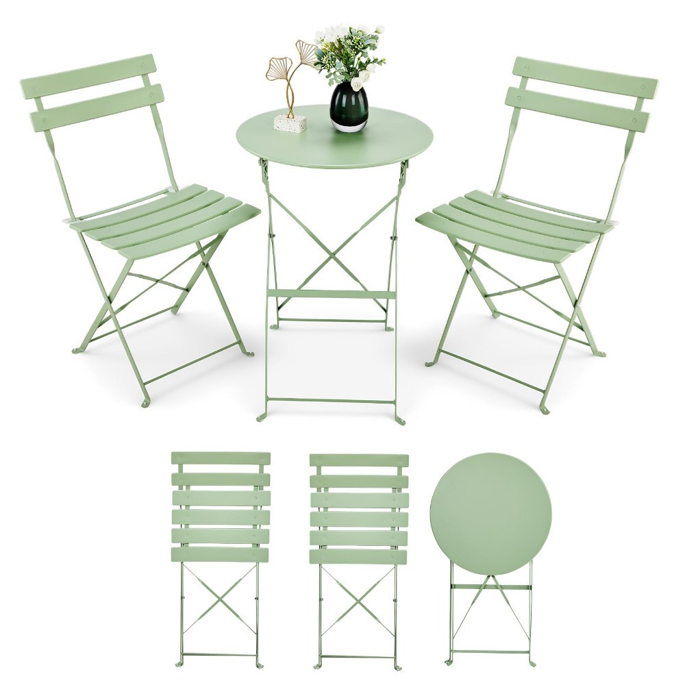 Image of 3pcs Bistro Set Made Of Steel, Bistro Table With 2 Folding Chairs, Space-saving Garden Furniture Set, For Balcony, Terrace, Garden & Living Room, Light Green