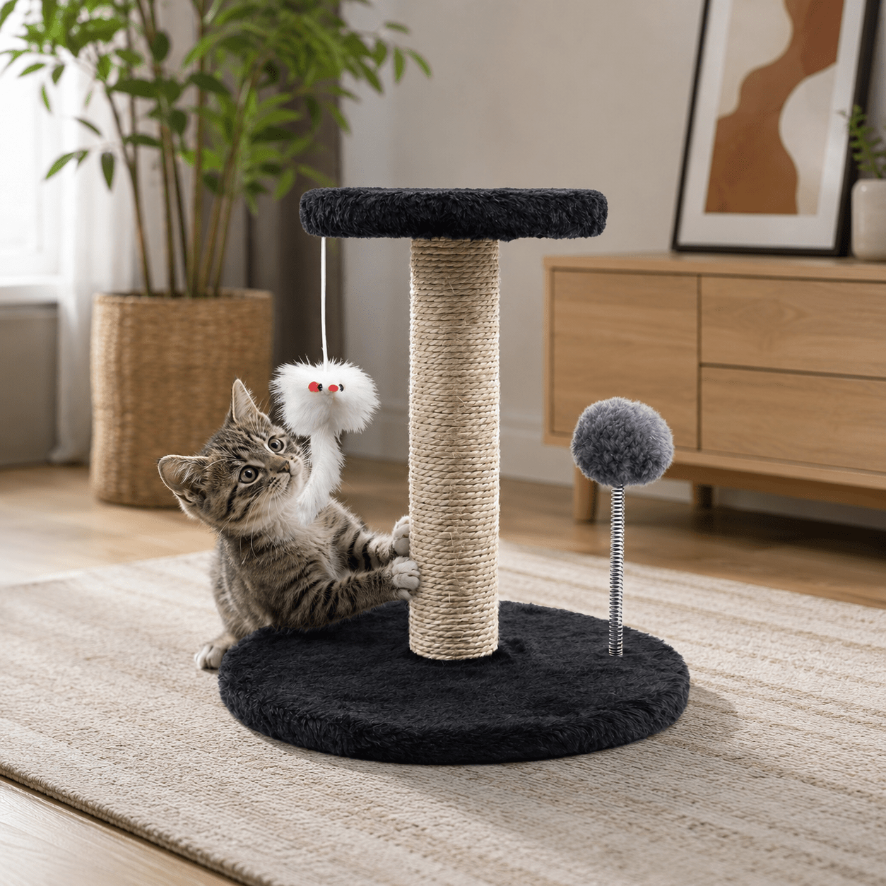 TEMU Pom Pom Play Scratcher, Indoor Cat Scratching Post With Sisal Rope, Interactive Toys And Plush Base For Cats And Kittens