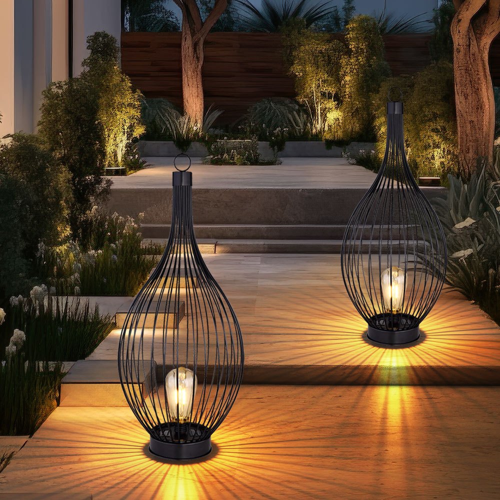 Image of Black Solar-powered Outdoor Lamp - Modern Terrace & Balcony Light, Garden Decor With , Metal Rods, Battery-powered & Weatherproof, 1x Warm White Led, Dxh 25x57 Cm, Set Of 2