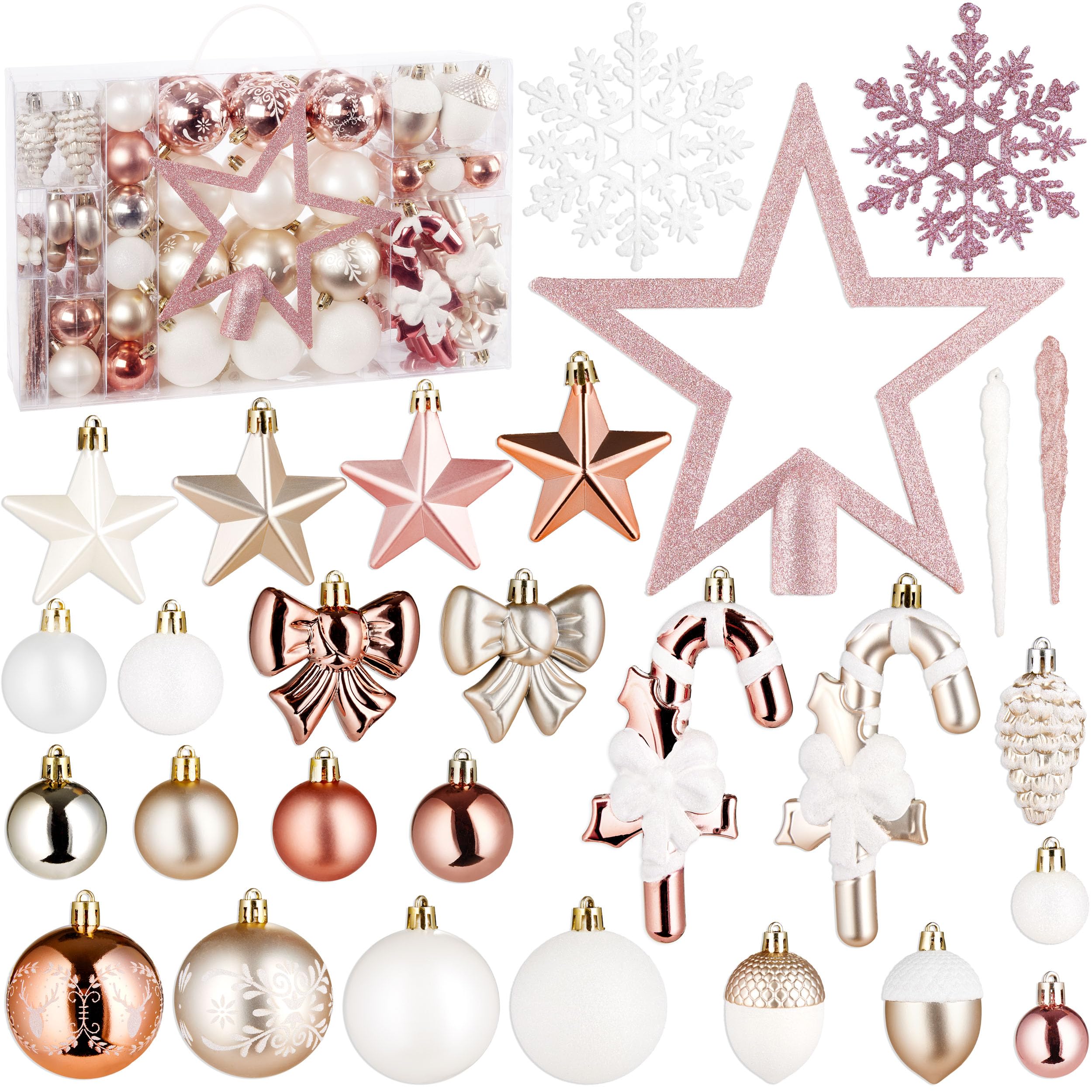 Image of Brubaker 101-piece Premium Christmas Tree Ornament Set - Glitter Baubles, Snowflakes, Bows, Icicles, , Stars, And Tree Topper - Christmas Tree Decorations