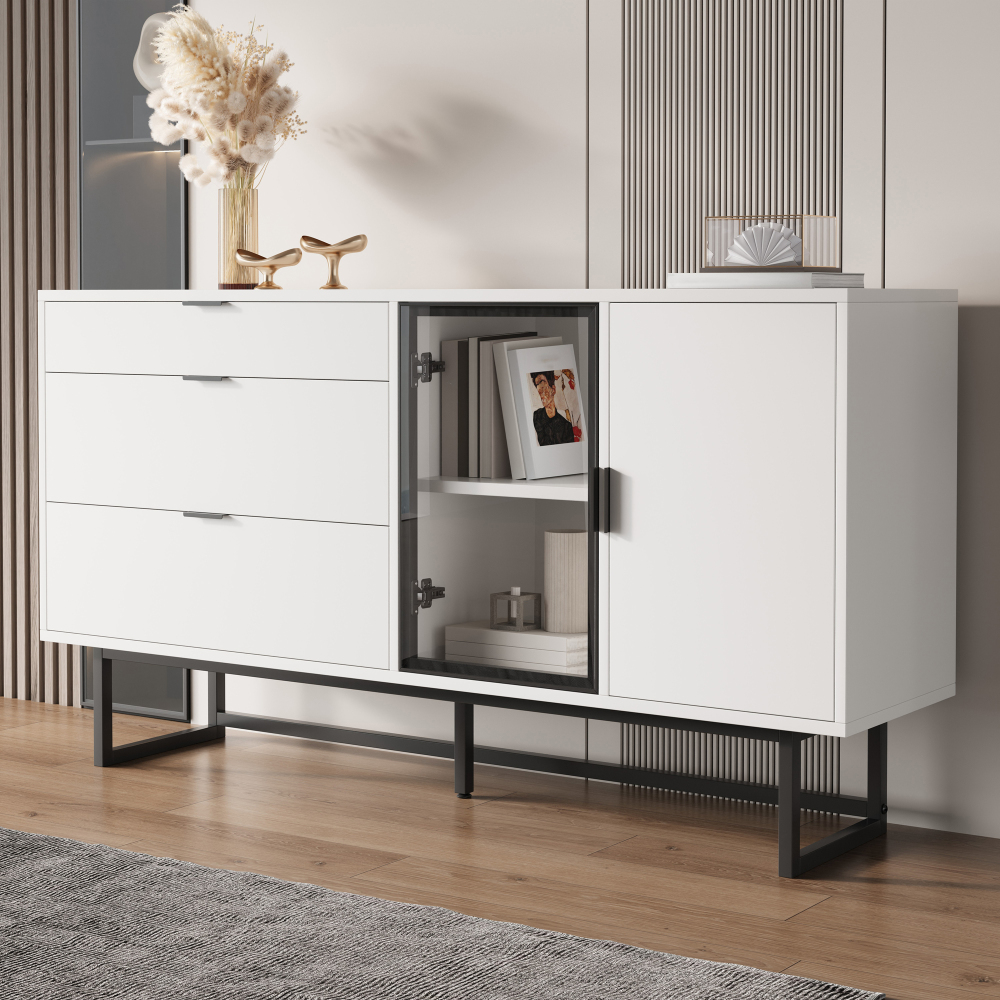 Image of Minimalist White Storage Cabinet With Black Metal Handles - Drawer Glass Cabinet, Living Room Storage, Modern Sideboard Cabinet