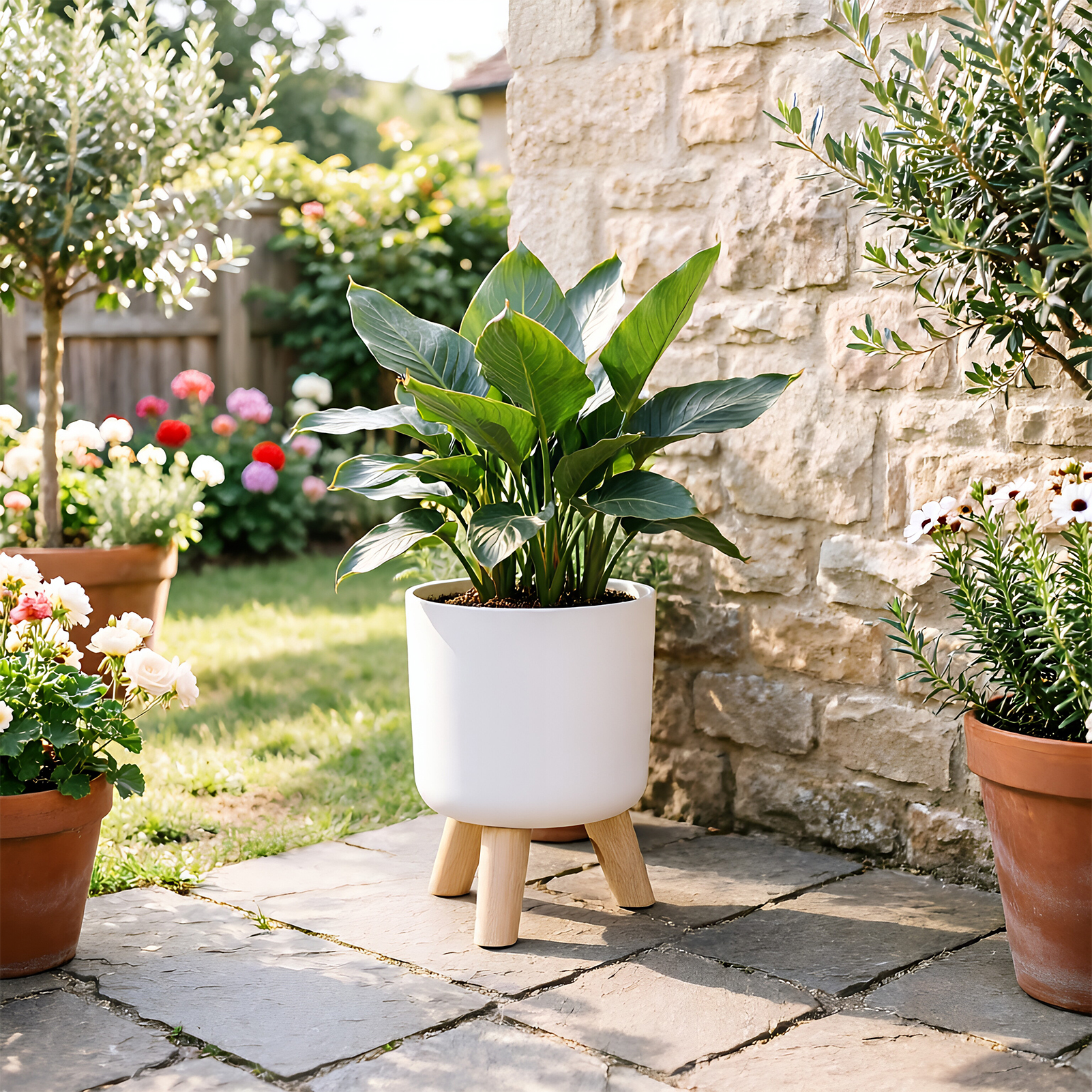 TEMU 1pc White Cylinder Planter With Wooden Legs, Floor Standing Plant Pot Flower Pot Home Garden, Decorative Plant Stand For Indoor Outdoor Use,