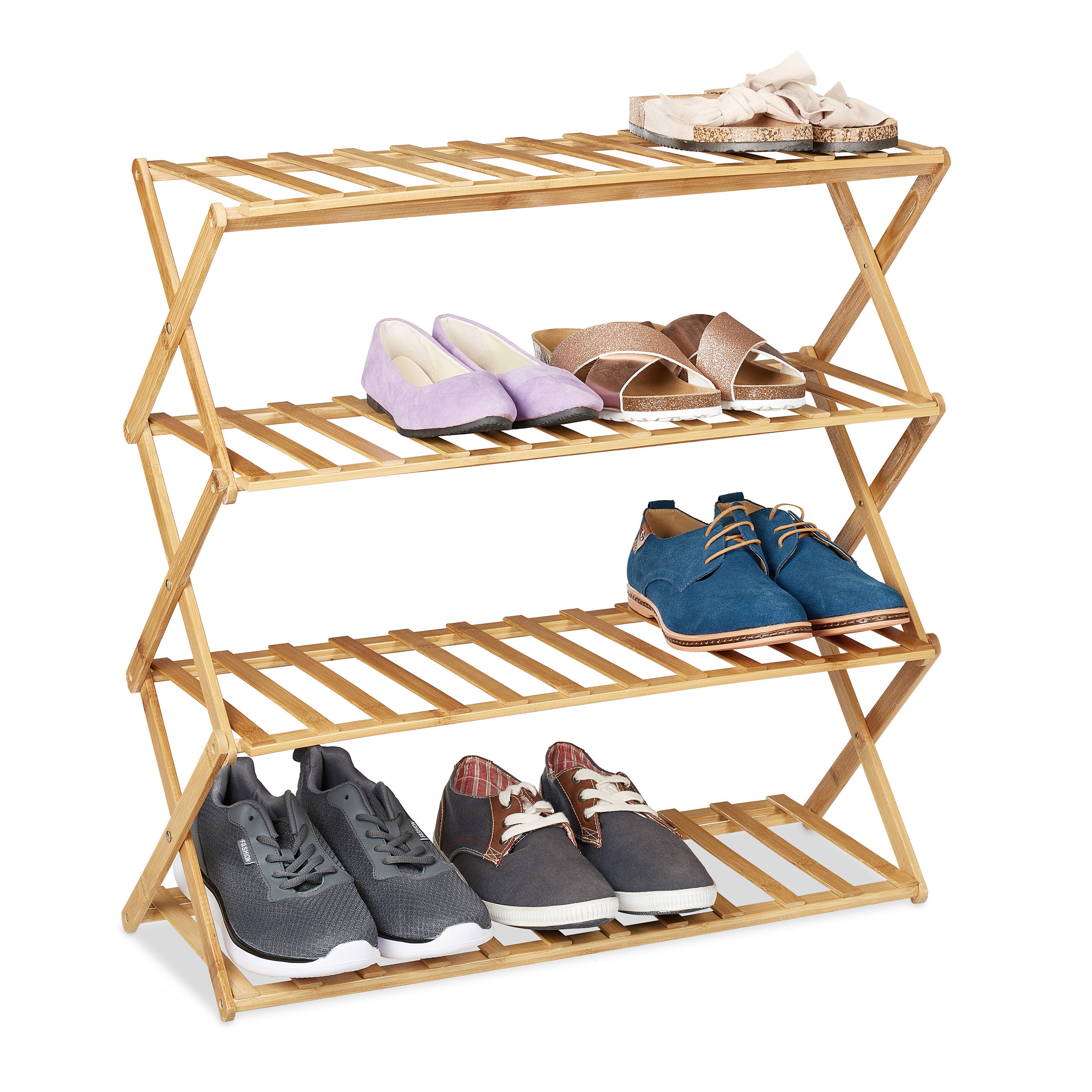 Image of Foldable Shoe Rack, 4 Tiers, Holds 12 Pairs Of Shoes, Bamboo, 68 X 67 X , Natural, Space-saving Collapsible, For Hallway, Entryway, Rv, And Camping, Shoe Stand, Shoe Organizer, Shoe Tower, Relaxdays