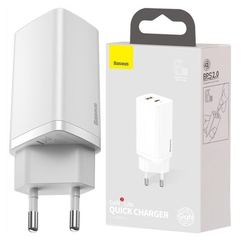 Baseus Lite 65W Stenski Polnilec, USB + USB-C, Hitro Polnjenje, EU, Bela, Kompakten in Učinkovit