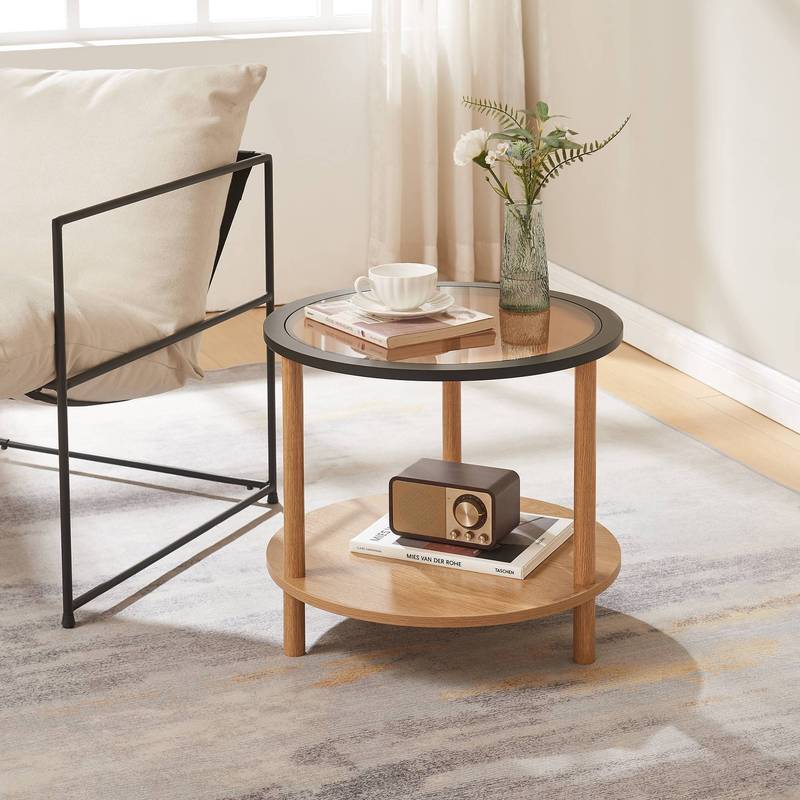 Side Table With Storage, Bronze Glass Top, Round Living Room Table, 51x45 Cm, Natural/black