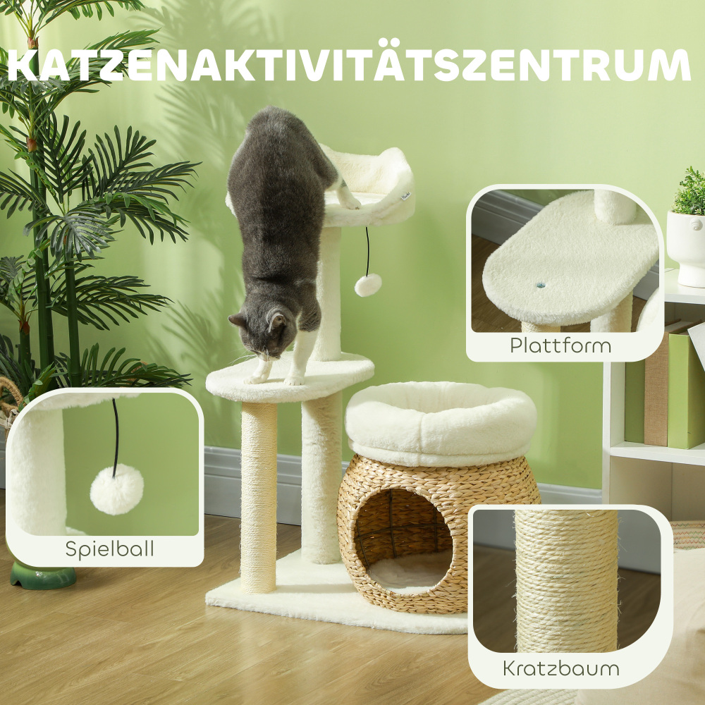 Arbre à chat PawHut 79 cm avec niche, lit, balles de jeu et griffoirs en sisal, pour chats jusqu'à 5 kg, blanc crème