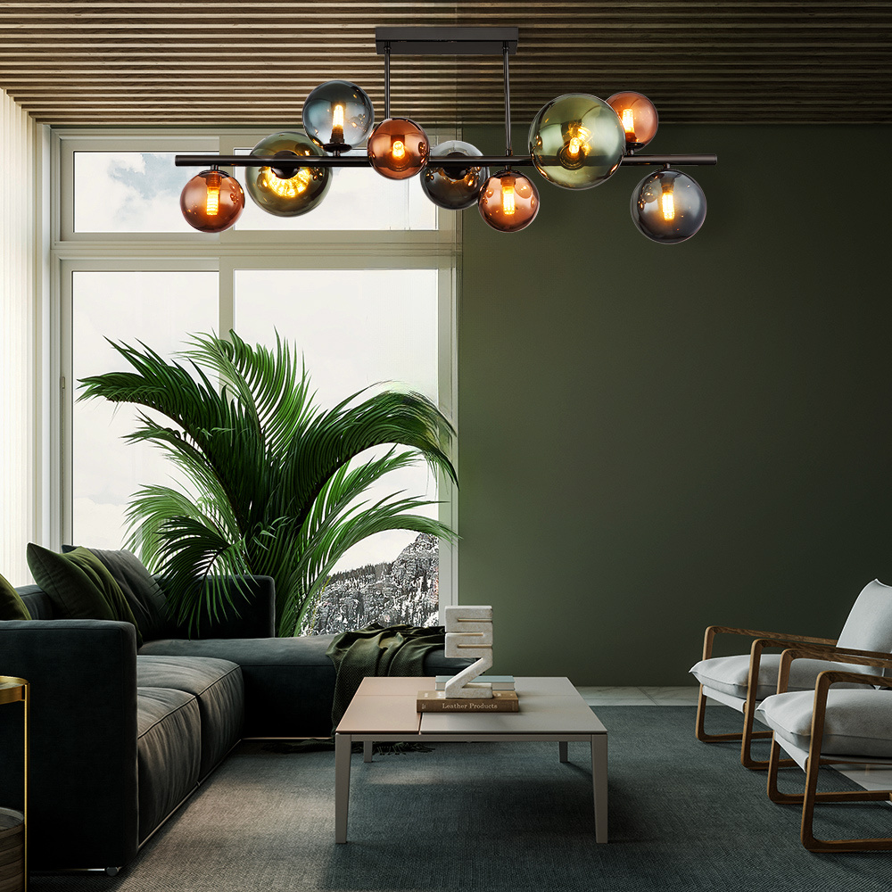 Image of Led Ceiling Light 9-flame Ceiling Lamp With Glass Globes, Dining Room Light, Bronze Petrol Green, 9x 3.5w 350lm Warm White, Lxwxh 87x30x38 Cm, Model 10676