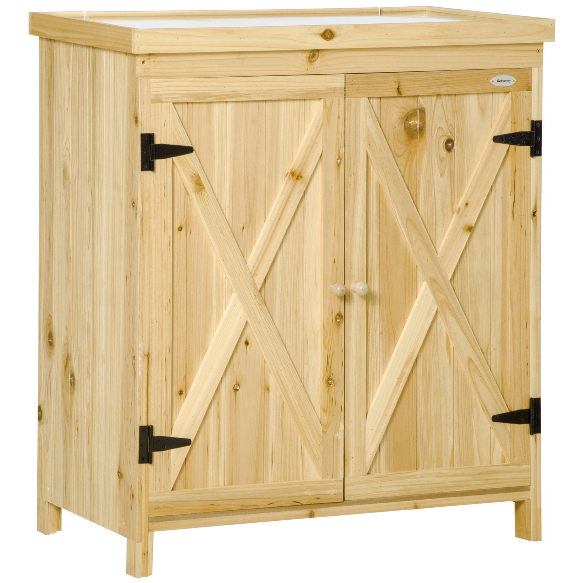 Outsunny Garden Cabinet, Garden Storage Cabinet, With Galvanized Metal Top Double Door Shelf With Handle Raised Feet In Solid Wood 80 X 45 X 92 Cm Natural Wood