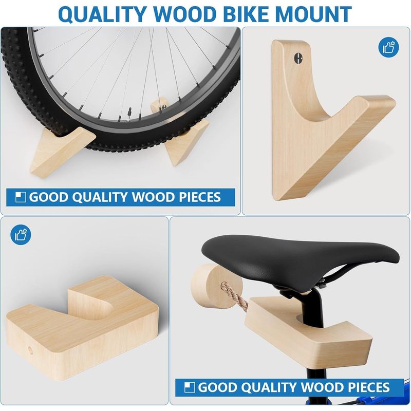 Wooden Bicycle Wall Mount with 50 kg Load Capacity for Road Bike, Mountain Bike, Hybrid, Tandem - Stylish Home Storage Solution