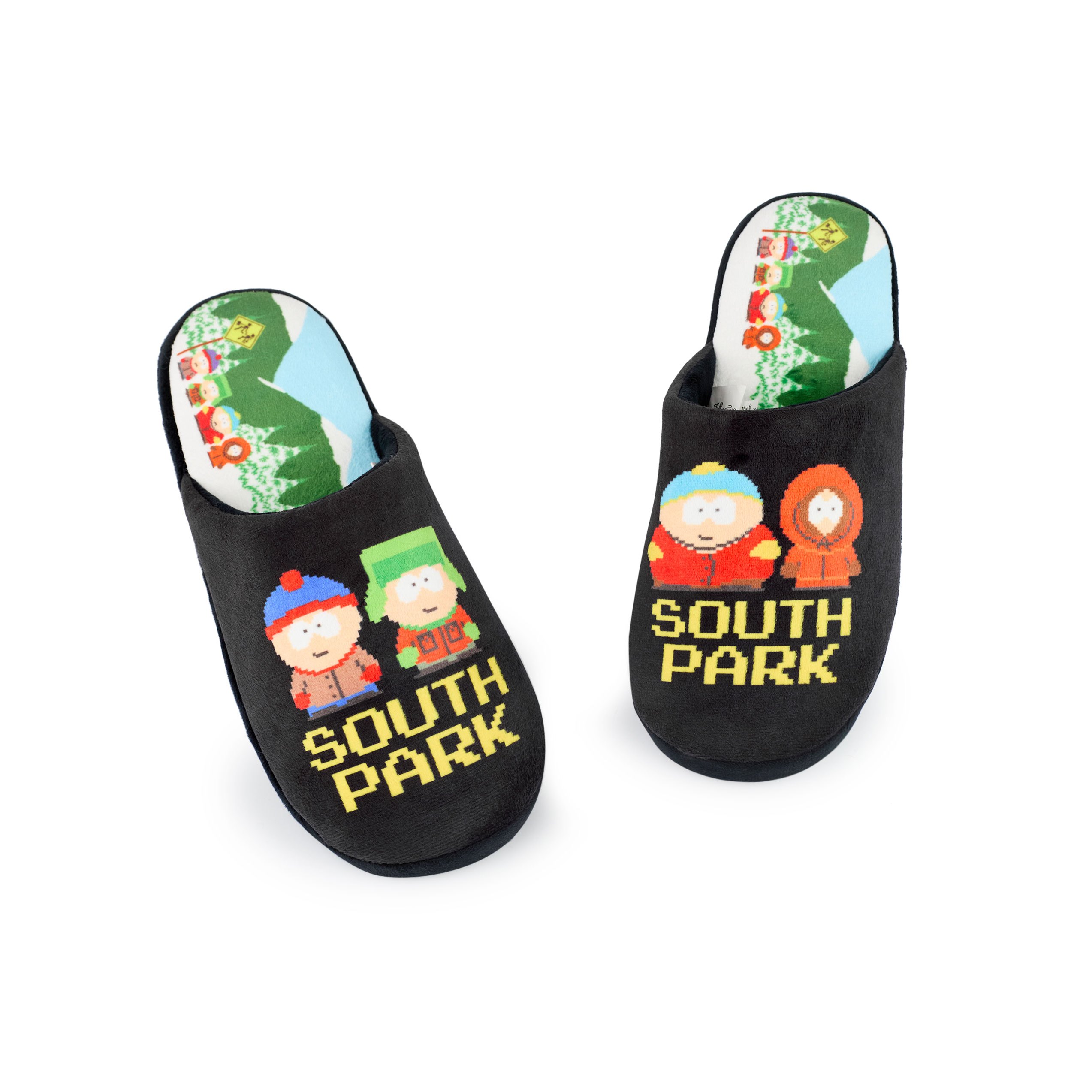 TEMU South Park Mens Slippers | Adults Slip-on Mules In Black With Cartman, , Stan & Kyle Pixel Text Print | All Over Print House Shoes | Comedy