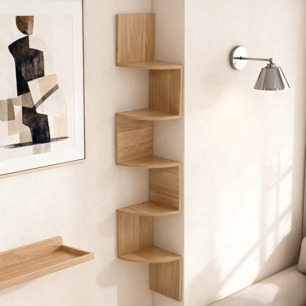 1pc 5-Tier Natural Color Wooden Corner Shelf - Space-Saving Floating Bookcase & Display Stand | Easy Assembly Storage Rack for Books, Plants & Figurines Decor in Living Room, Office & Bathroom