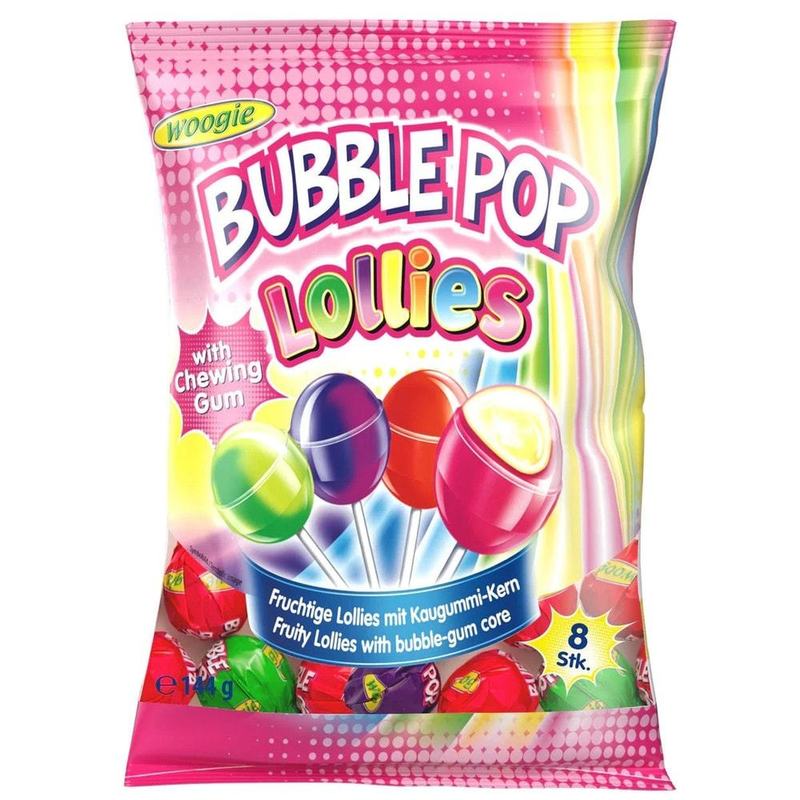 Image of Woogie Bubble Pop Fruit Lollipops With Chewing Gum 144g