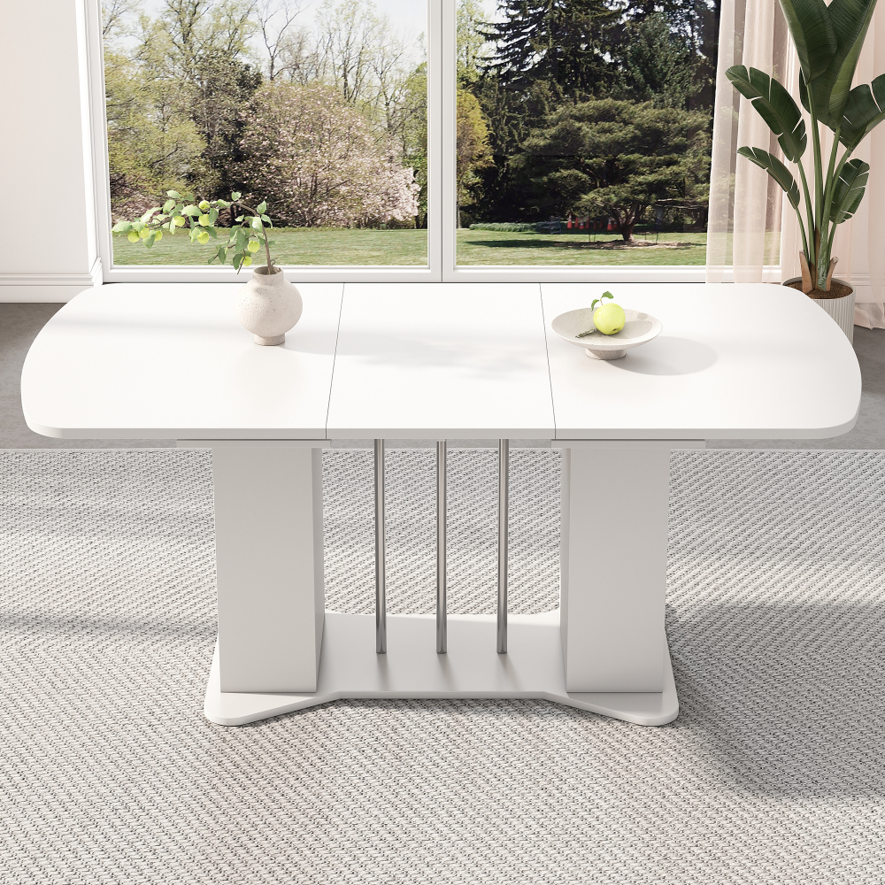 Image of Extendable Dining Table 120–160 Cm With Storage Space In The Table Legs, Classic White Table With Silver-plated Legs, & Durable Table For Dining Room, Kitchen, Living Room