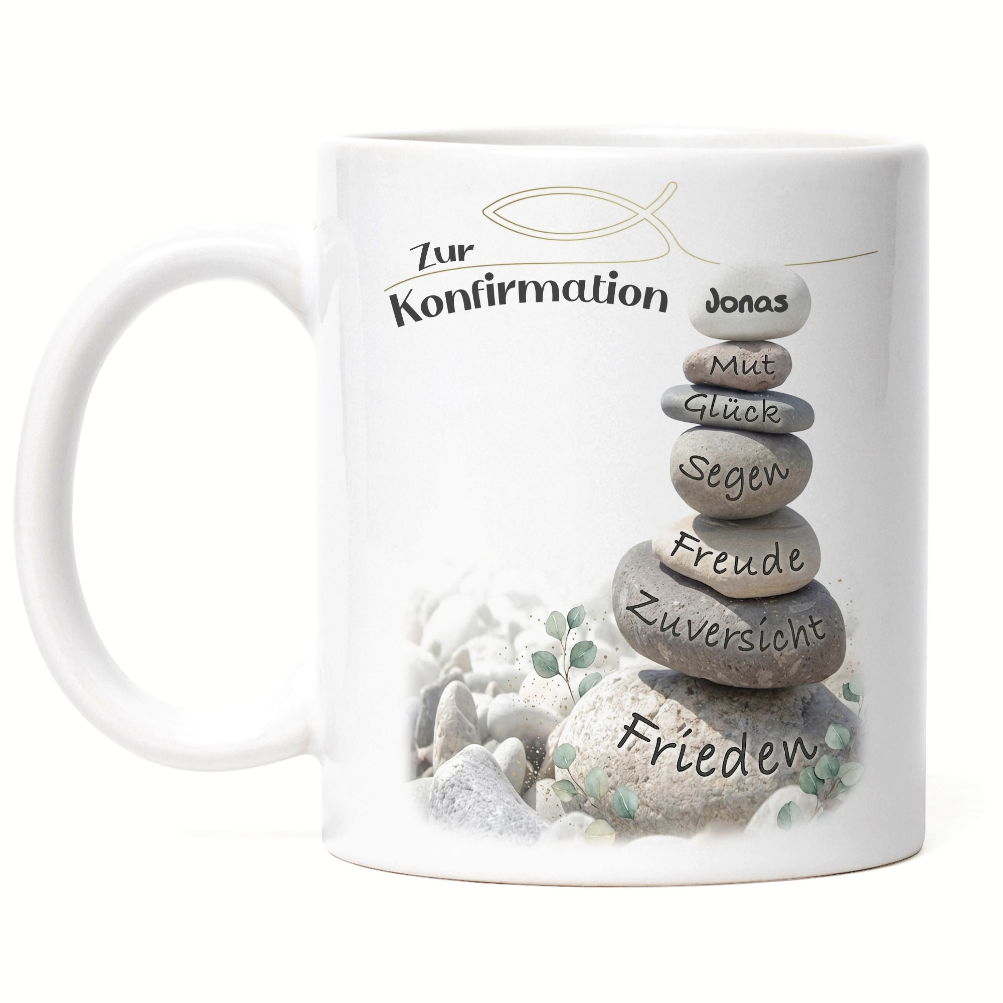 Personalized Confirmation Mug With Name - Gift For Confirmation Boy Girl - Stone Stack Quote Joy Luck Coffee Mug - Yellow Mug