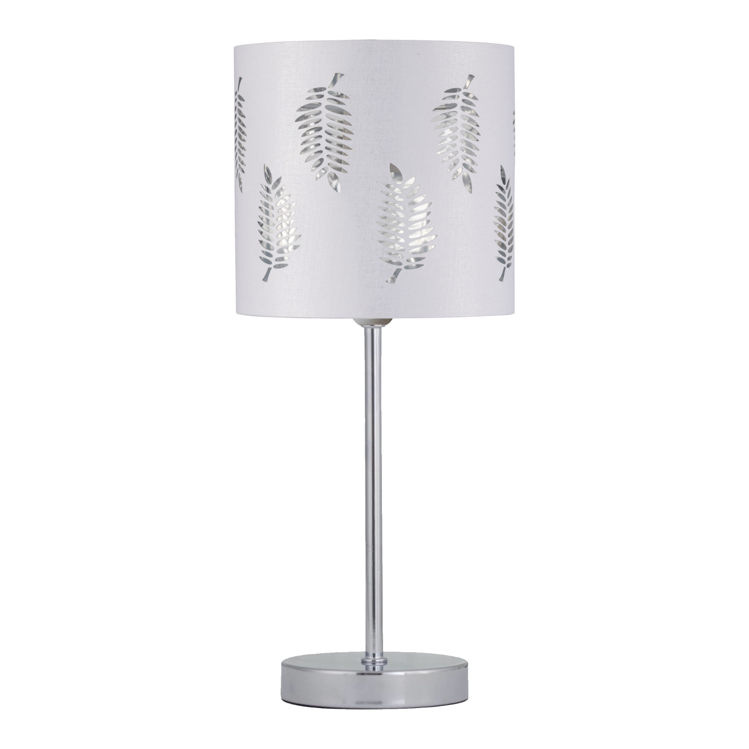 First Choice Lighting Chrome Stick Table Lamp with White Fern Shade in Silver