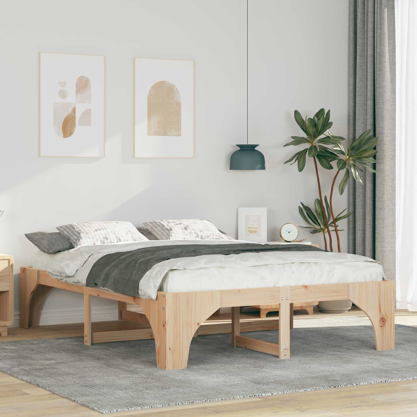 Brown Bed Frame 140 X 200 Cm Solid Pine Wood, Modern Rectangular Bed Frame, Stylish Platform, Practical Sleeping Solution For Your Bedroom