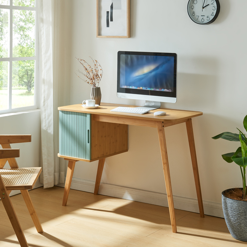 Desk 'tysvær' With Cabinet Section And , 75 X 105 X 48 Cm, Bamboo / Blue