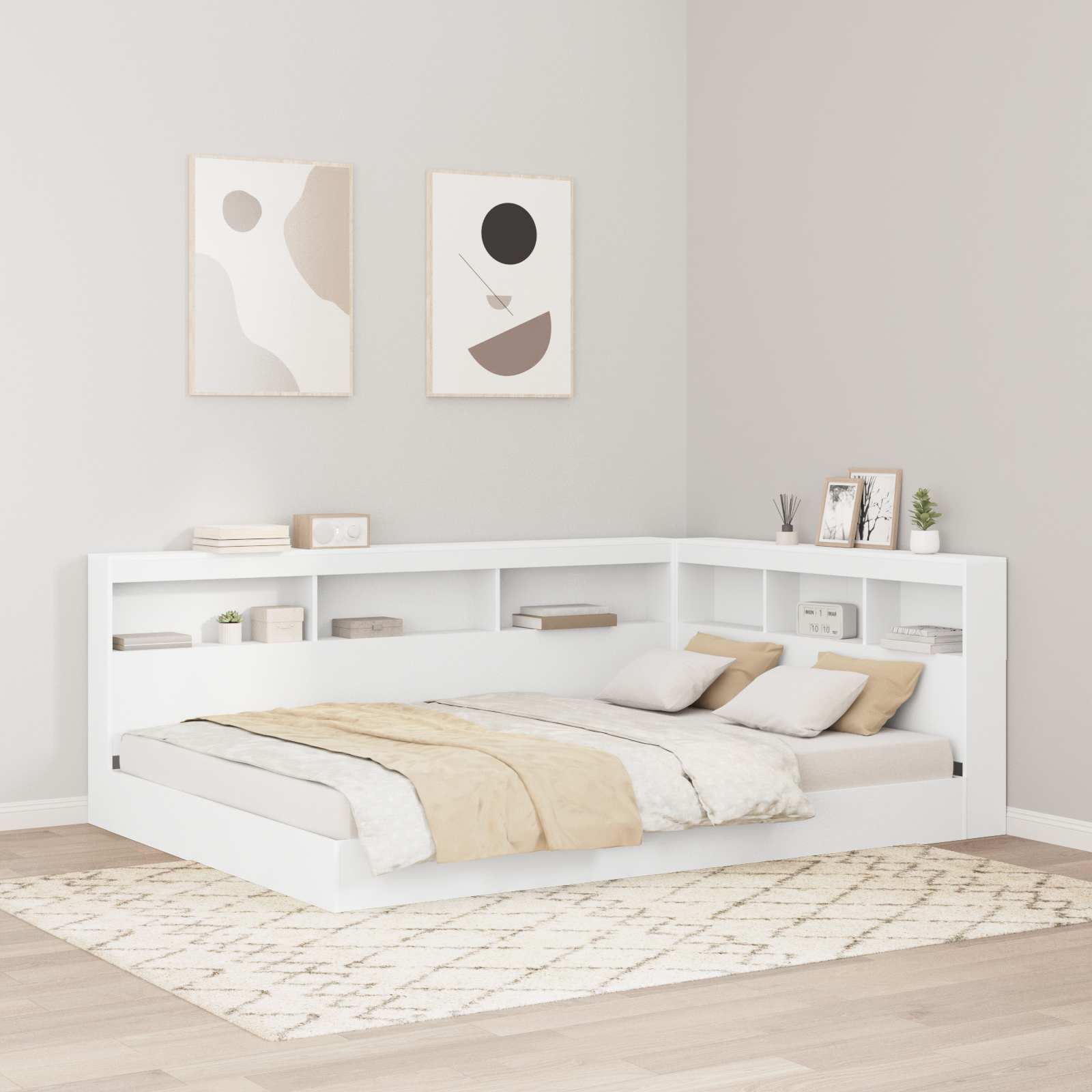Image of Storage Headboard White Wood, Bedroom Furniture, Rectangular Headboard, Space-saving, Stylish, Functional Storage Solutions