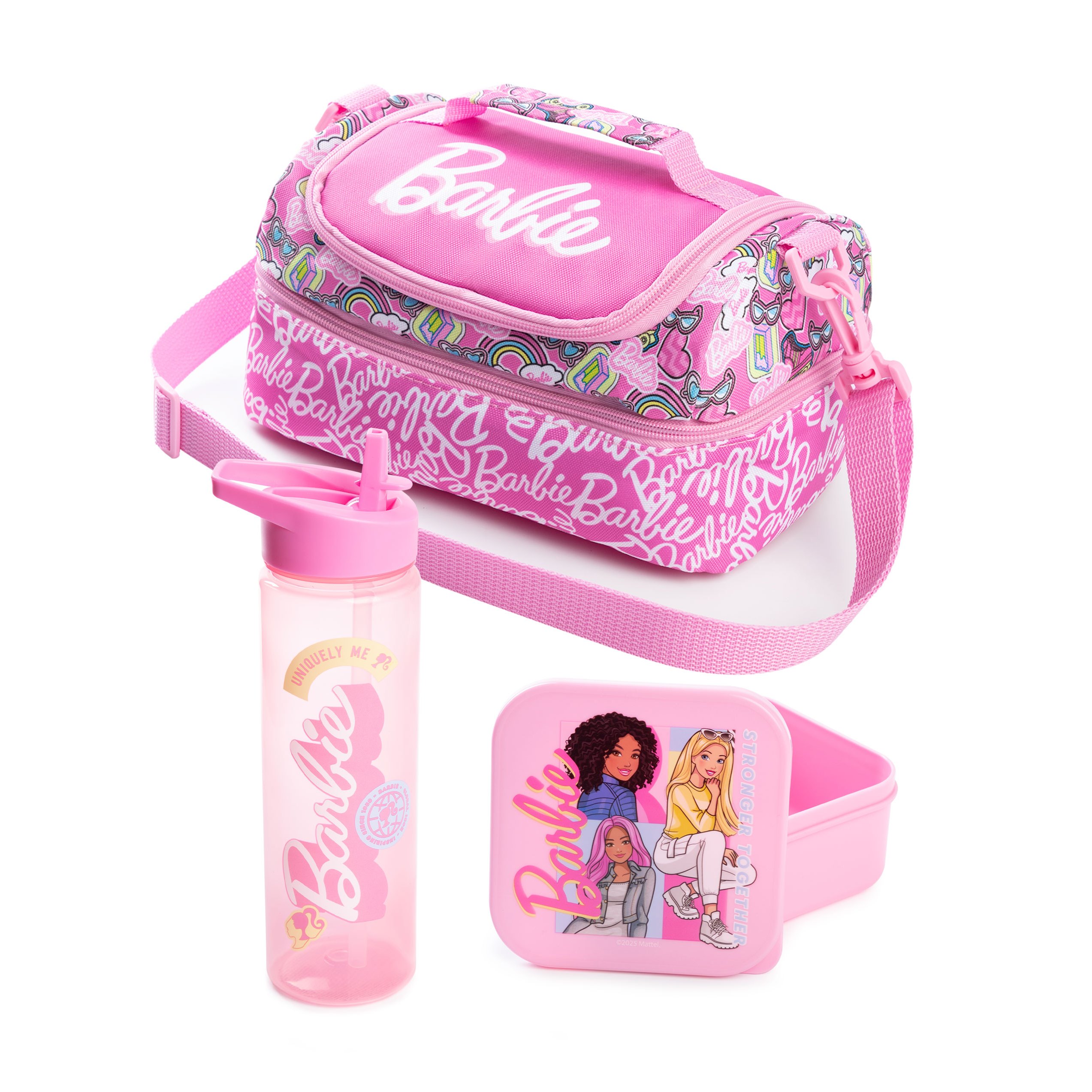 TEMU Girls Pink Lunch Bag With Bottle & Snack Pot | Zip-up Carry Set | Adjustable Shoulder Strap | Back To School Cartoon Graphic Design | Merch