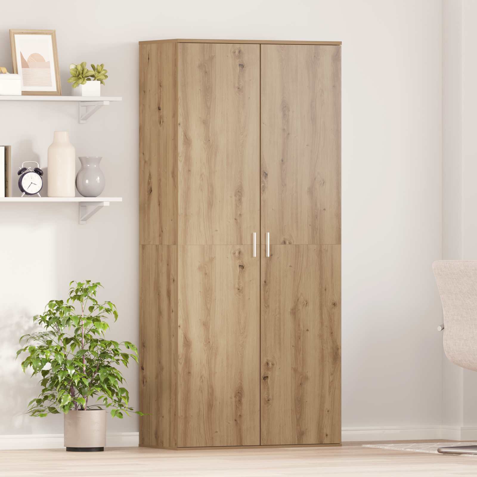 80 X 39 X 178 Cm Oak Wood Material, Modern Tall Cabinet, Rectangular Storage, Stylish Interior, Practical Bar Handles, Minimalist Furniture Piece