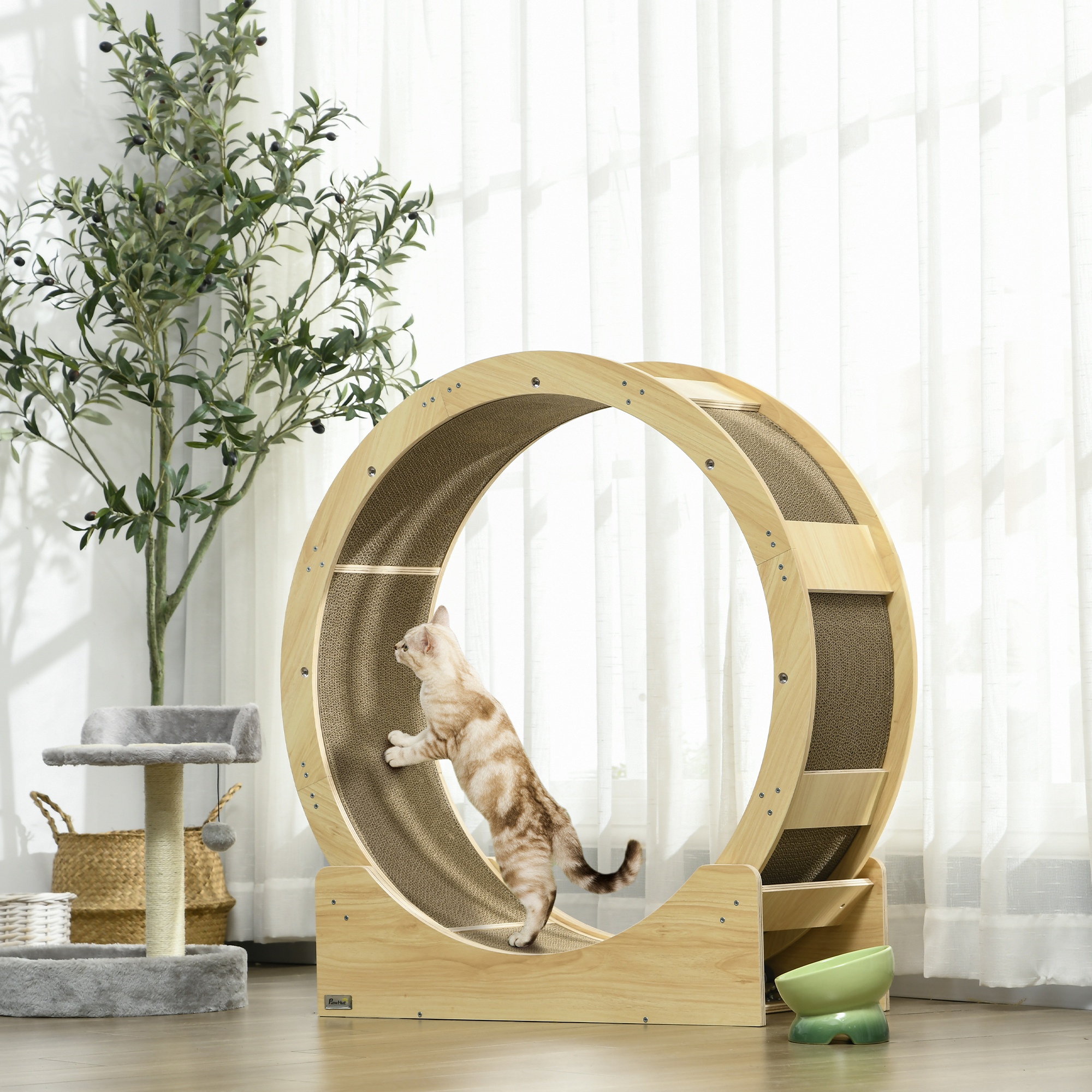 Cat Treadmill Treadmill For Cats 91 Cm With Brake, Scratching Board, Cat Wheel For Healthy Movement, Relaxation, Oak