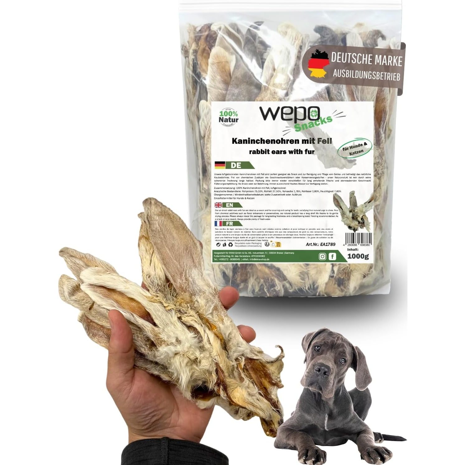 E-shop 1kg Kaninchenohren mit Fell für Hunde - Getrocknete Kaninchen Ohren - Hasenohren für Hund & Katze - Rabbit Ears as Dog Treats (1kg-Vorteilspack)