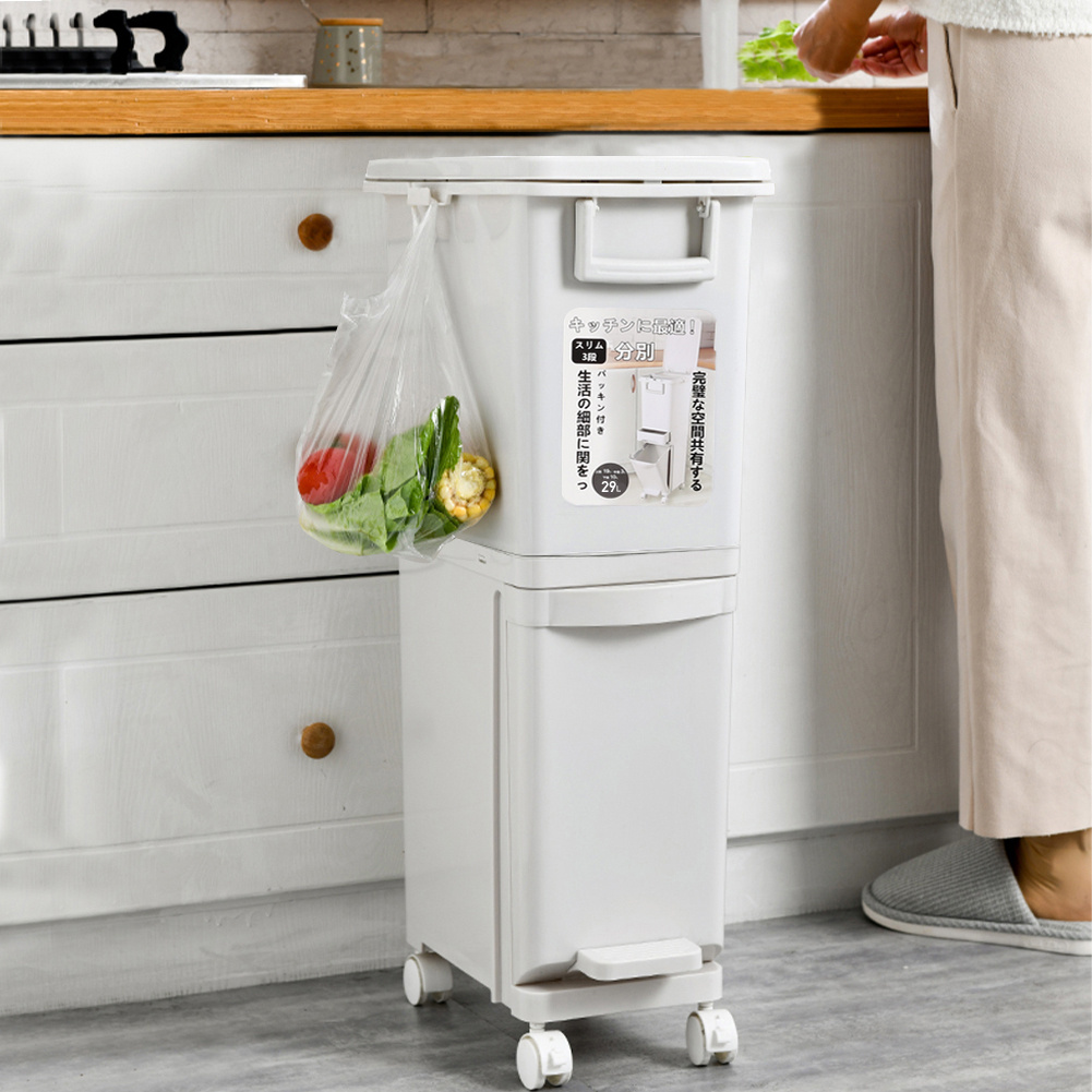 TEMU 2 Tier Rolling Rubbish Waste Bin 29l Slim Kitchen Recycling Bin Trash Can With Lid Living Room Office Dustbin