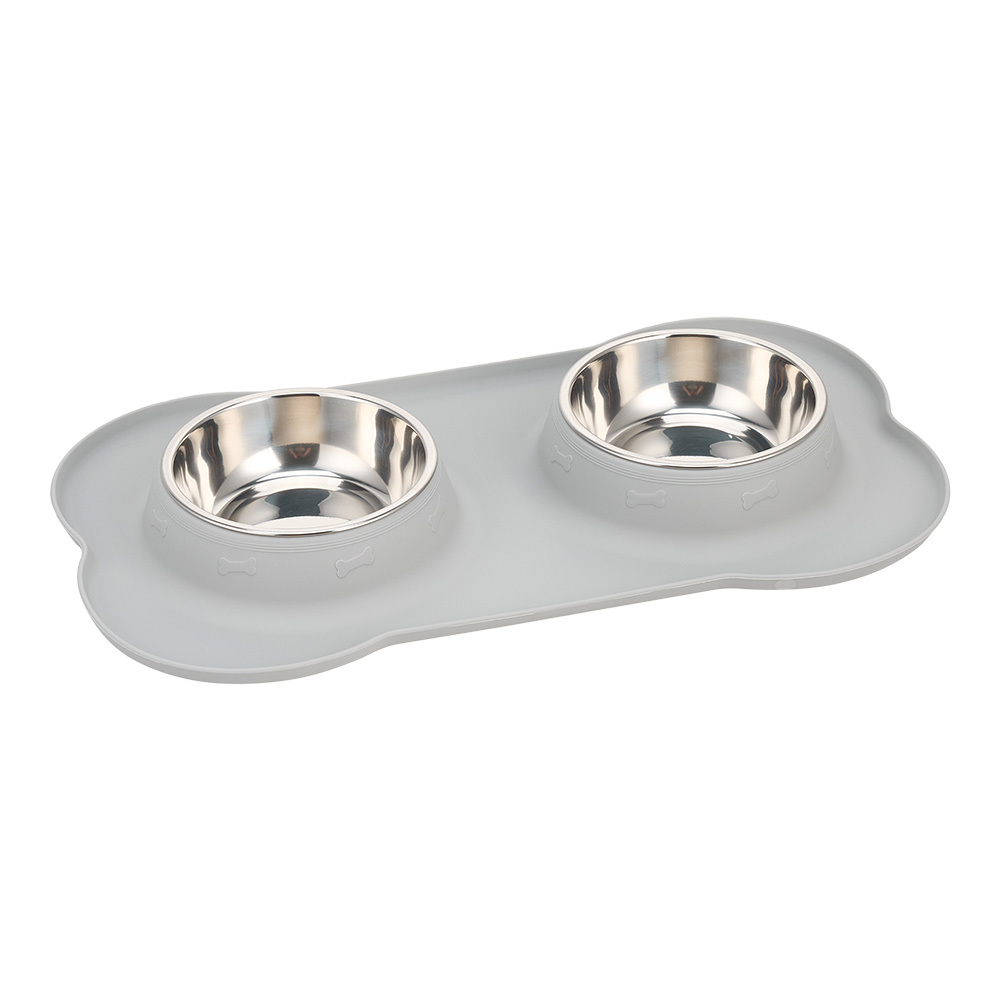 Dog Double Feeding Bowl Cat Food Bowls with Mat Tray for Dogs Cats with Non-slip Bottom Gray 18.5x29.5x3.5cm