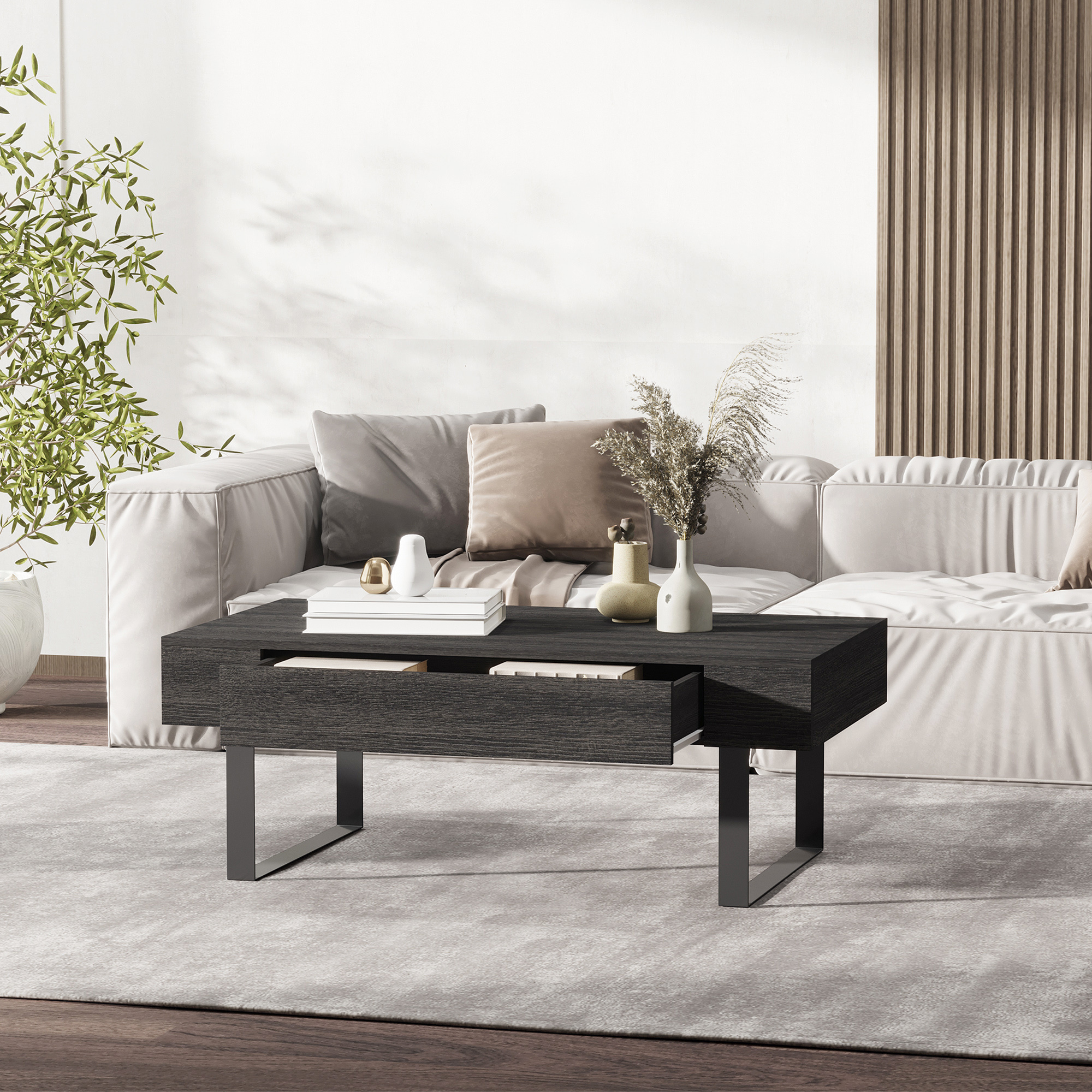 Image of Coffee Table Side Table Sofa Table Tv Table Coffee Table Living Room Table With Drawer Shelves Stable Simple Assembly Modern Wood Chipboard Metal Dark Grey 110x60x40 Cm