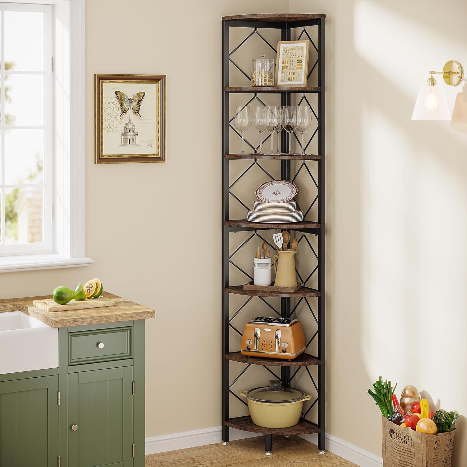 Image of Modern 7 Tier Corner Shelf, 200 Cm Extra High Corner Bookcase, Industrial Narrow Bookcase For Small, Tight Spaces, Wooden Corner Shelf Stand, Storage Shelf For Living Room, Kitchen, Home Office