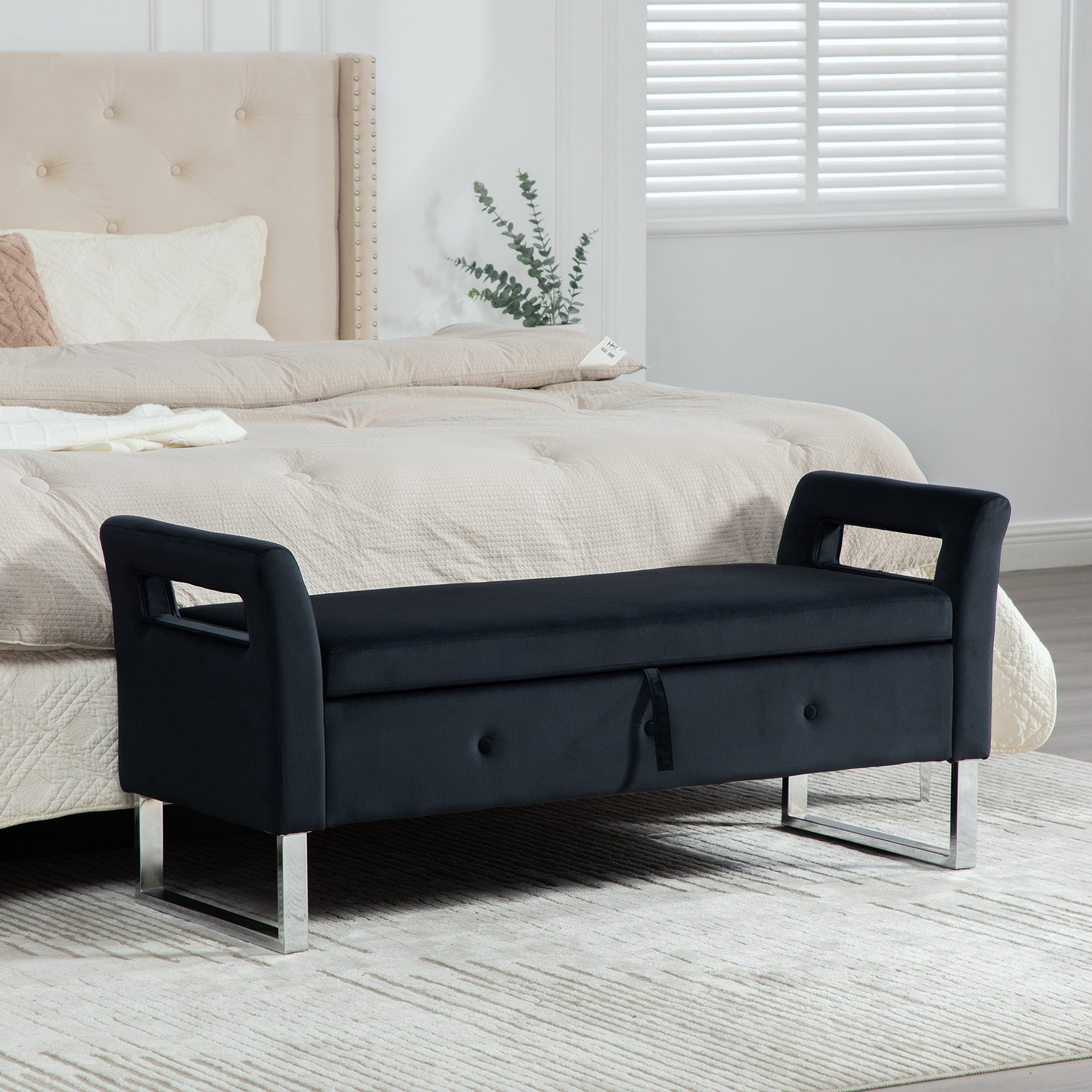 Image of Velvet Storage Ottoman With Armrests For Living Room, Entryway, And Bedroom, Black