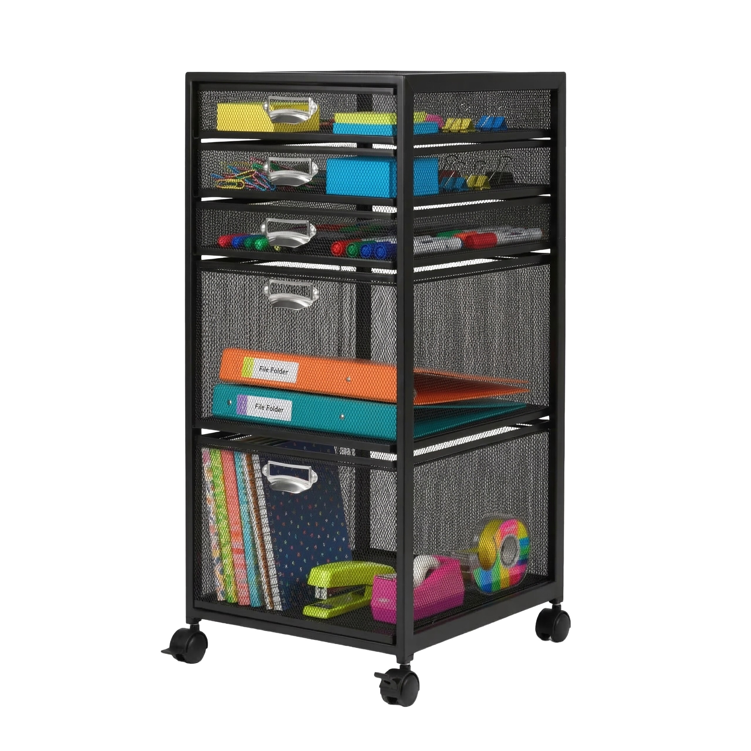 Image of Mesh Rolling Storage Cart, 5 Drawers, 59 X 27.5 X 35 Cm, Steel And Plastic, Black, 4 Wheels, For Office, Study, And Home Office, Under-desk Cabinet, Office Cabinet, Drawer Cabinet, Relaxdays