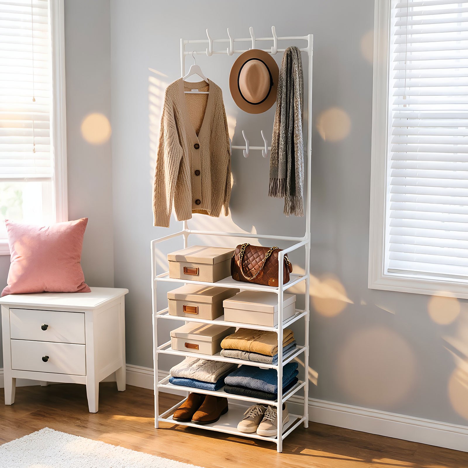TEMU Portable Clothes Rail, Clothes Rack With 5 Tiers Shoe Storage Shelf, Metal Clothes Rails With 8 Hooks For Coat Hats, Versatile Clothes Rail Coat