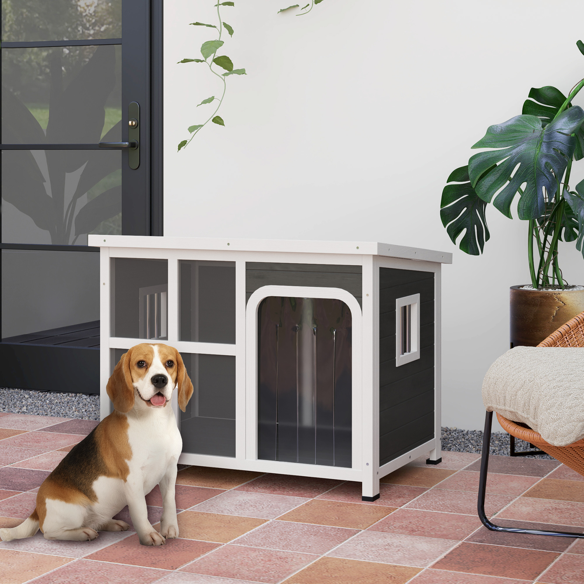 Image of Pawhut Small And Medium Dog House With Side Windows And Entrance Curtain, Outdoor Dog Kennel With Removable Base And Openable Roof, 90x62x71 Cm, Light Grey