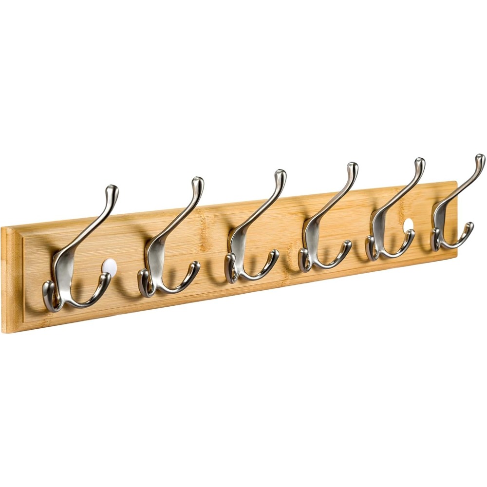 59cm wall mounted coat rack with 6 matte nickel hooks natural bamboo   hook for towels hats keys bags ideal for bathroom   room or entryway
