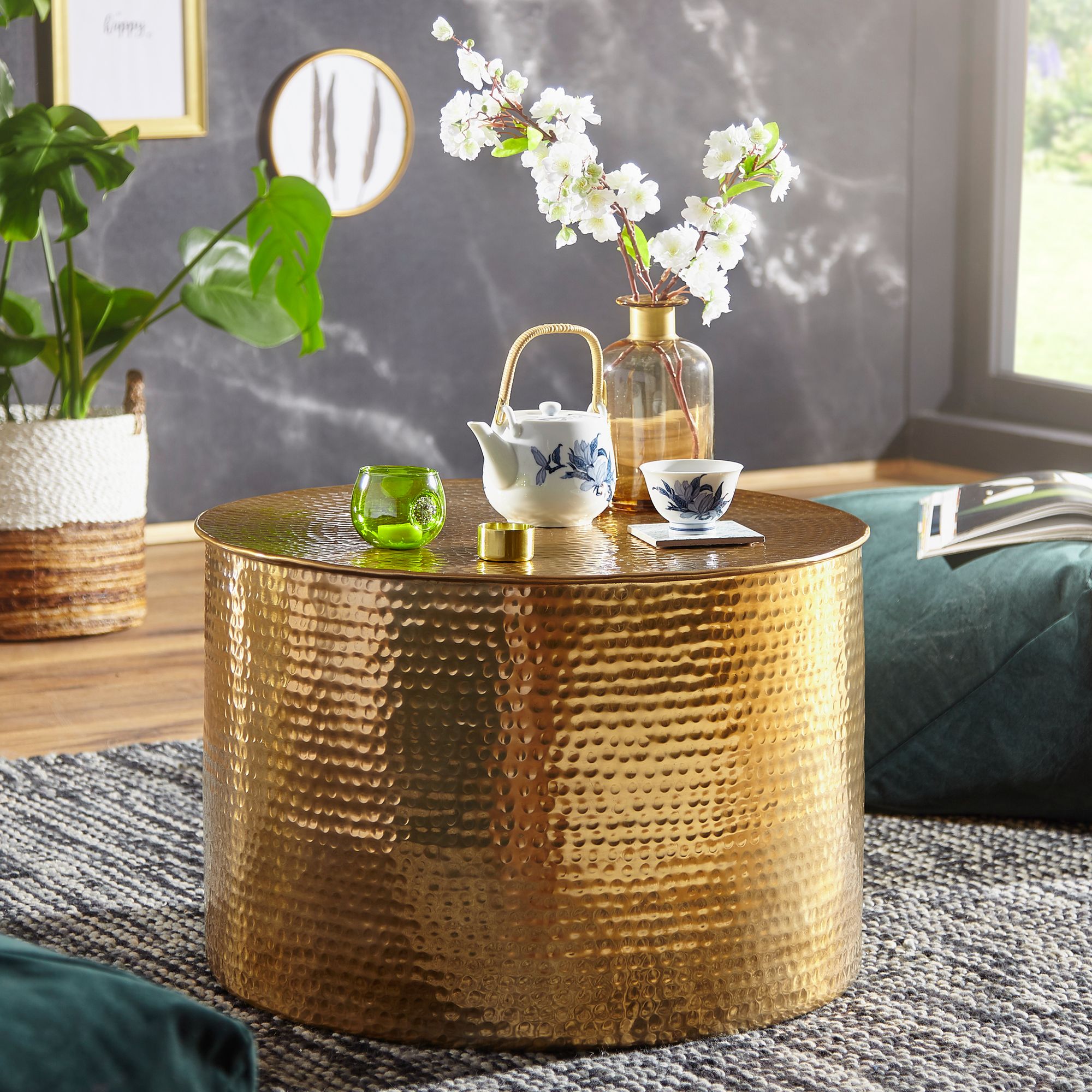 Coffee Table 61 X 40.5 X 61 Cm, Aluminum Oriental Round Side Table, Flat Metal Sofa Table, Living Room Table, Indian Lounge Table, Small Indoor Table