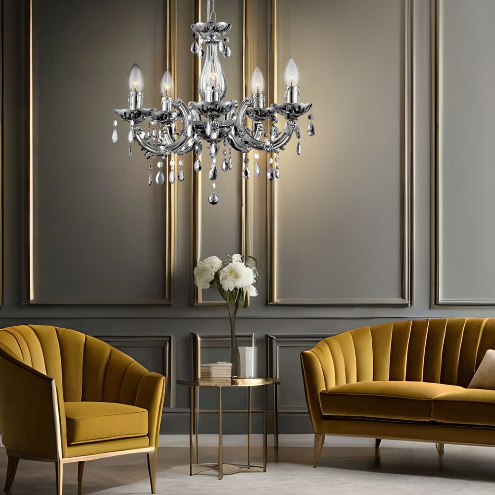 Image of Crystal Chandelier 5-arm Pendant Light For Living Room, Chrome Acrylic Decor, 5x E14, Dxh 44x128 Cm