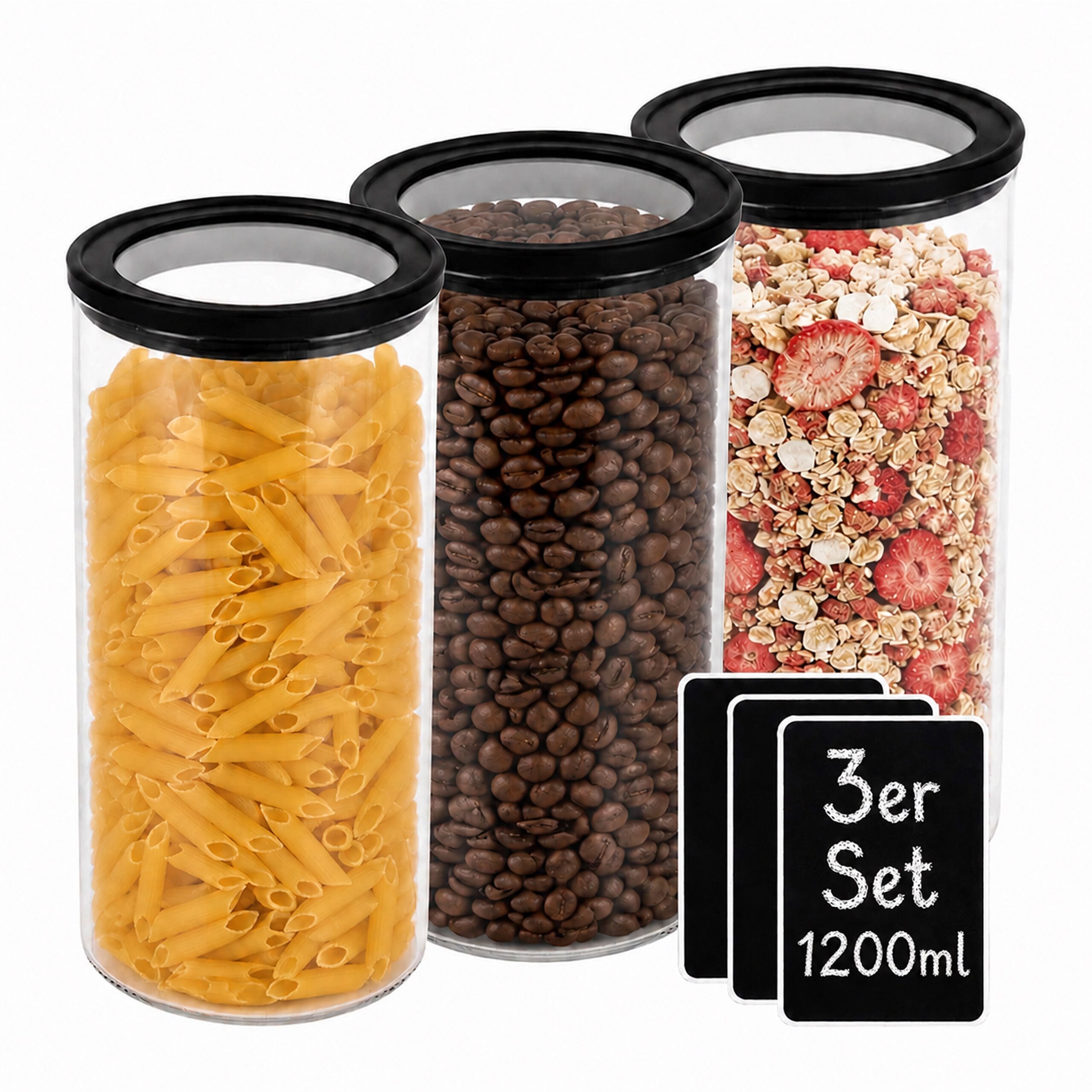 TEMU Airtight Storage Jars, 3pcs Set, Each 1200 Ml, 18 X 10 Cm, Glass With Plastic Lid And Silicone Seal, Transparent/black, Dishwasher Safe, For