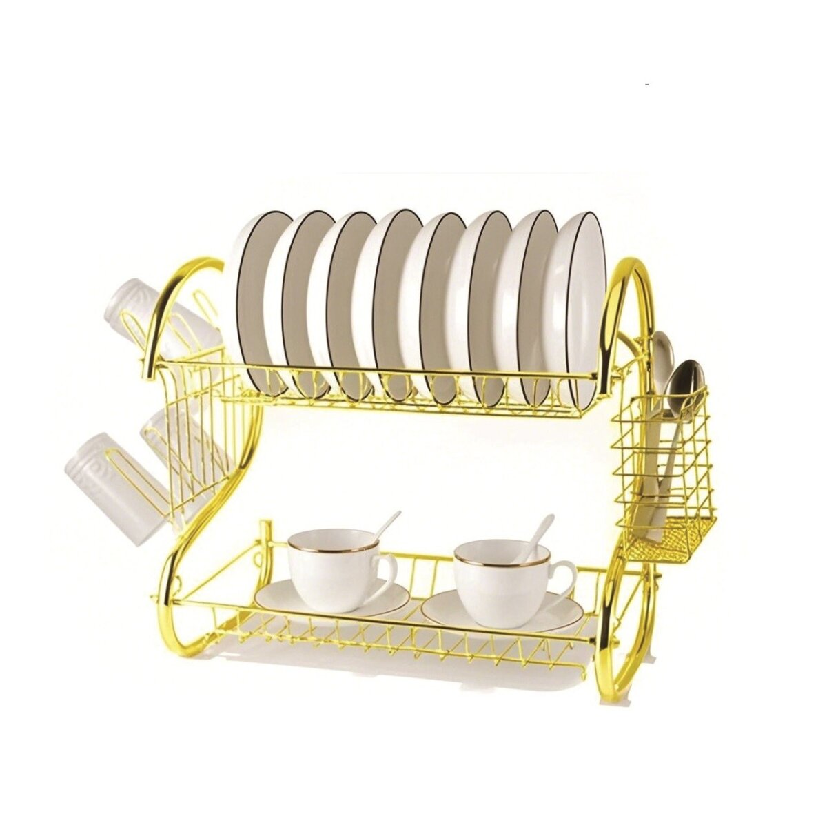 Image of 2-tier Gold Dish Rack With Utensil Holder & Drip Tray
