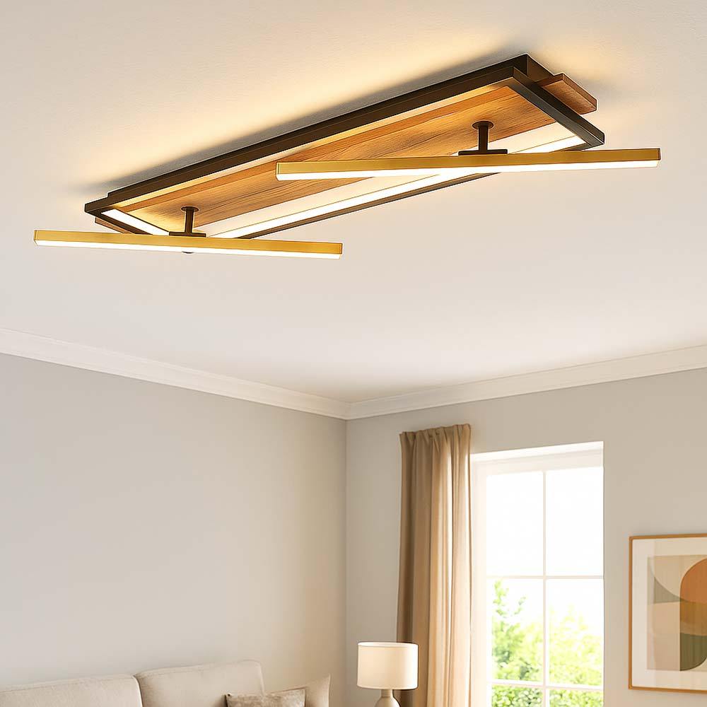 Image of Led Ceiling Light, Wooden Brass Ceiling Lamp, Adjustable Living Room Light, Metal Aluminum Black Mdf, 32w 1550lm 3000k Warm White, L 81.5 Cm, Model 67296d1