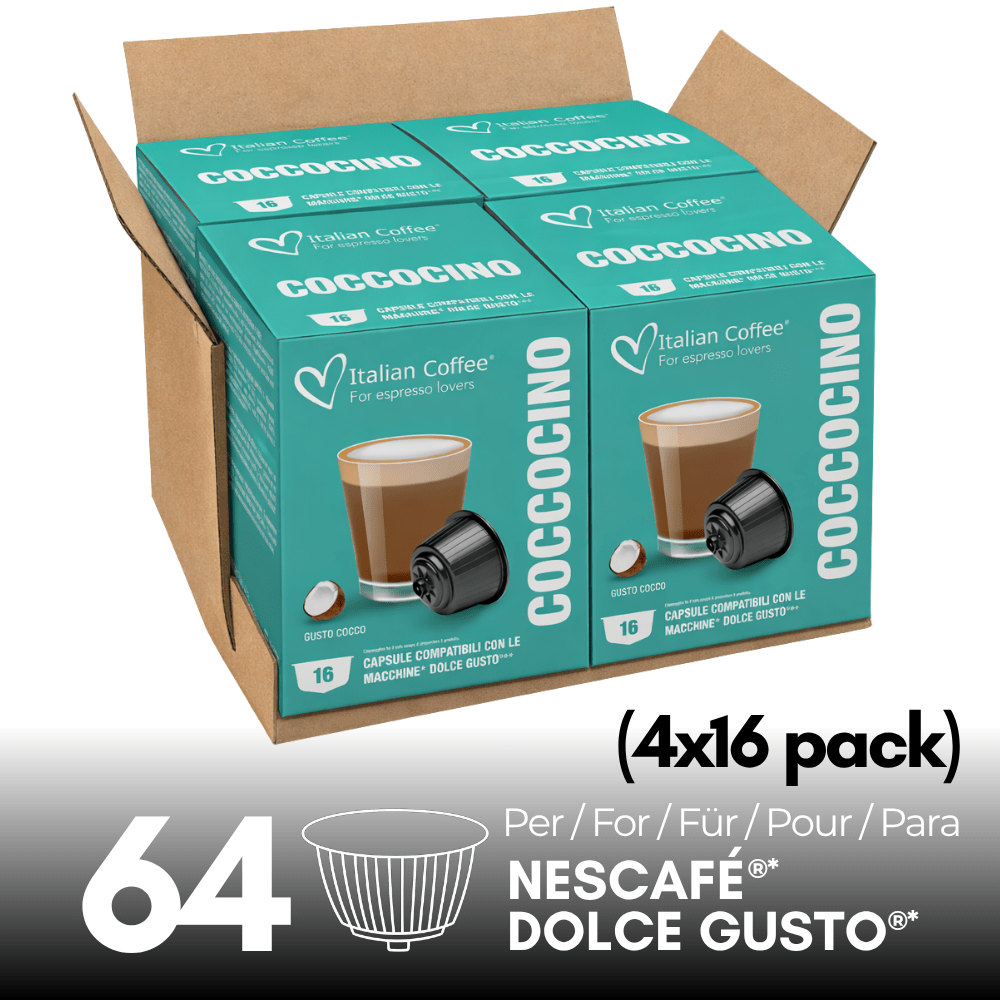 Image of Coccocino, Mokaccino With Coco (64 Capsules) For Nescafé Dolce Gusto, 4 Packs Of 16 Capsules, Creamy Drink With Coffee, Cocoa And Coconut, Sweet And Exotic Taste