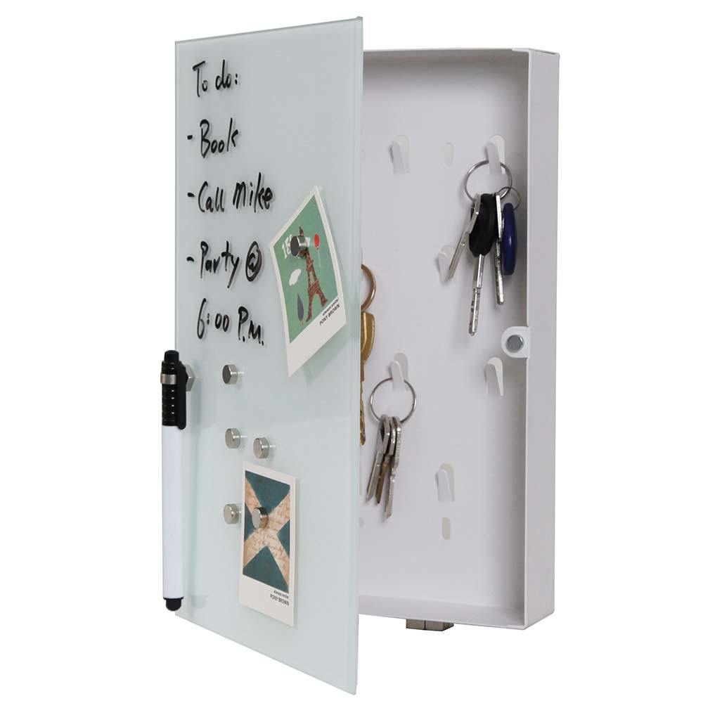 Image of Bakaji Keychain Cassette With Magnetic Glass Slate Door In Metal Frame With 6 Magnets And Erasable Marker, Wall-mounted Key Holder And Organizer For Entrance Decoration