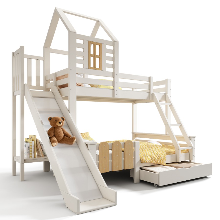 Bunk Beds for Kids, Wooden Cabin Bed with Ladder and Slide, Multi-functional Tree-house Bed, Children's House Bed, Twin Sleeper (90+135) x 190 cm, Solid Wood, White