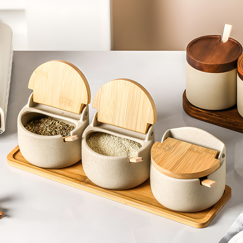 TEMU Ceramic Spice Jar Set With Bamboo Wood Lids - 3pcs Set With Tray And Spoons, Salt Holder, Kitchen Storage For Salt, Sugar, And Seasonings, Beige