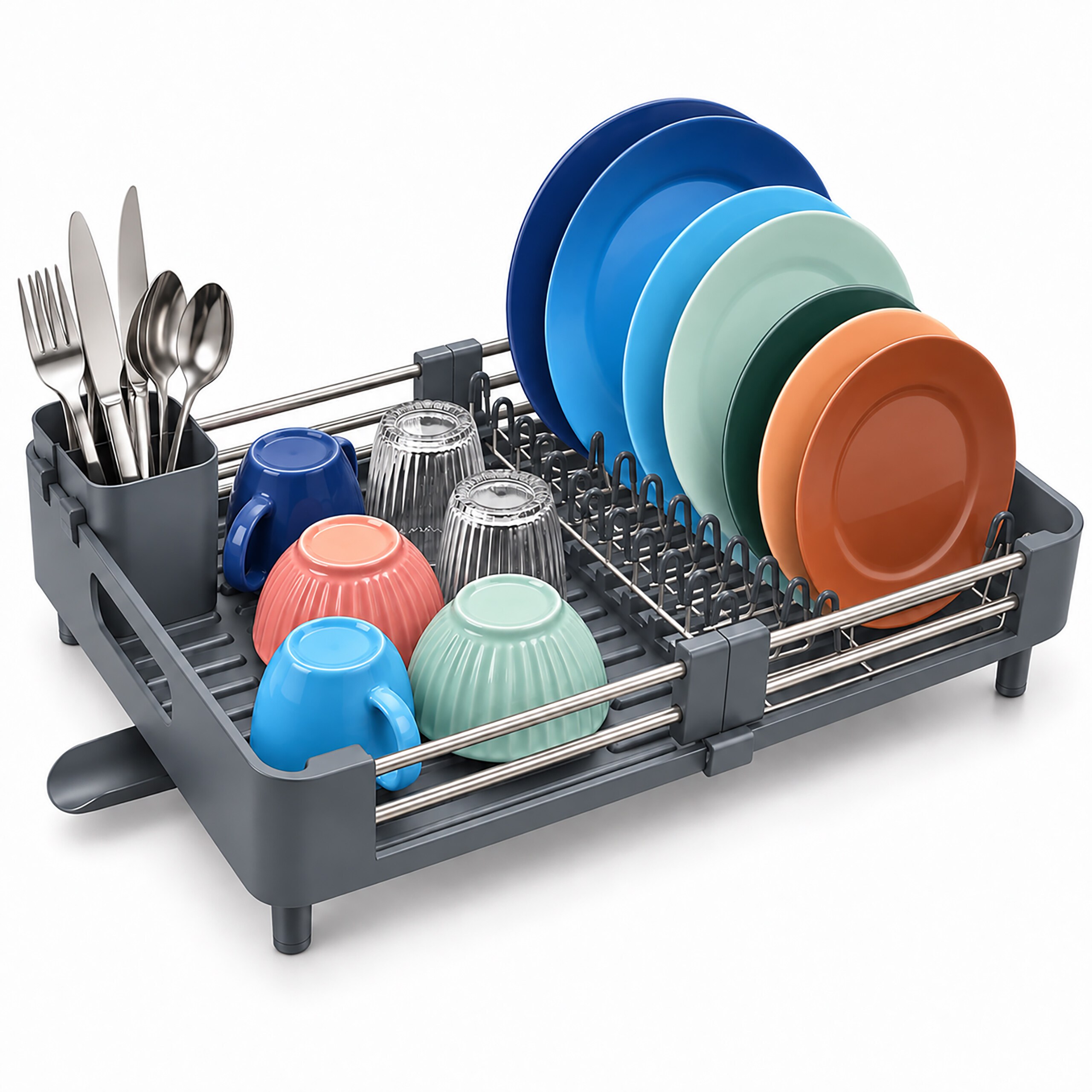 Image of Retractable Dish Rack With Cutlery Basket And Drip Tray, 13 X 48 X , Stainless Steel And Plastic, Grey, 360° Water Drainage, For Plates, Cups And Cutlery, Dish Holder, Drip Grid, Relaxdays.
