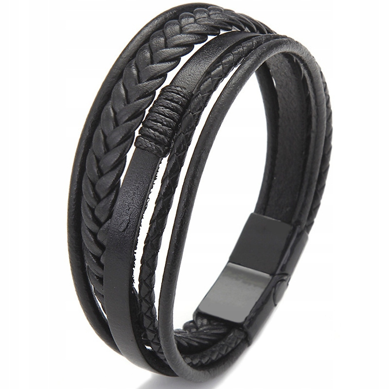 Black Leather Men's Bracelet Steel