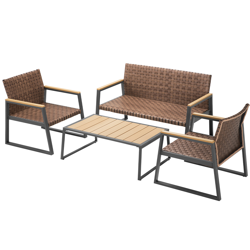 Image of Bakaji Garden Lounge Set In Faux Leather-look Polyrattan With Armchairs And Table, Ideal For Outdoor Furnishing, Rust-resistant Metal Frame
