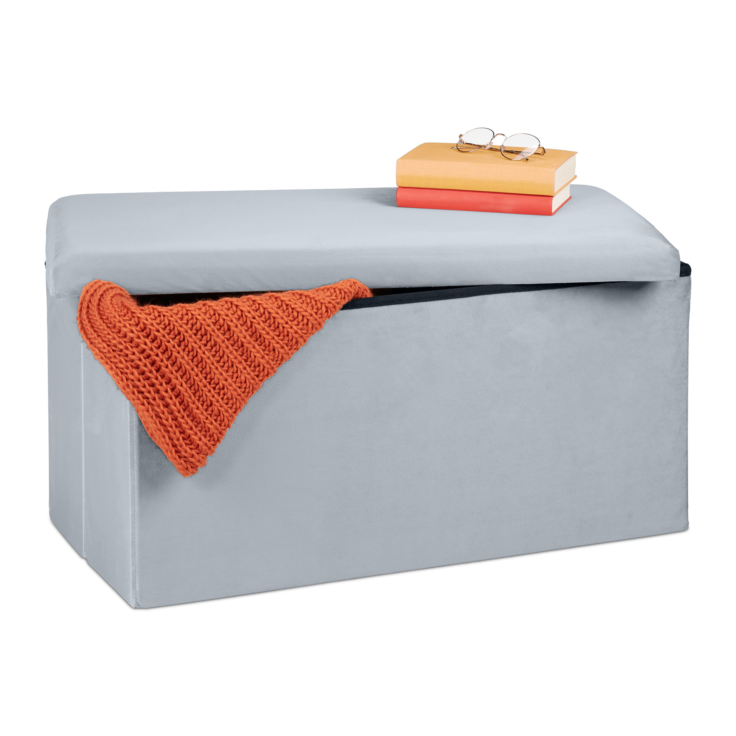Image of Folding Bench, 80 L, Velvet Cover, And Foam, 38 X 77 X 39 Cm, Light Grey, For Hallway, Living Room And Bedroom, Storage Bench, Storage Chest, Coat Rack Bench, Relaxdays.