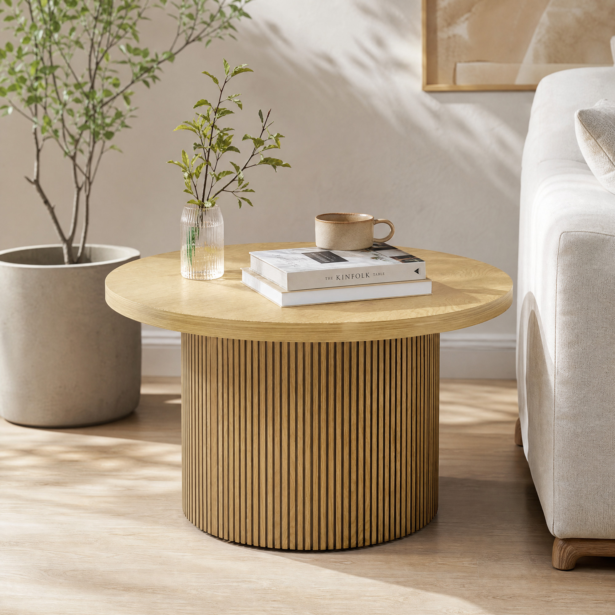 Image of Living Room Table With Ribbed Column Foot, Sets Accents In Contemporary Furnished Rooms