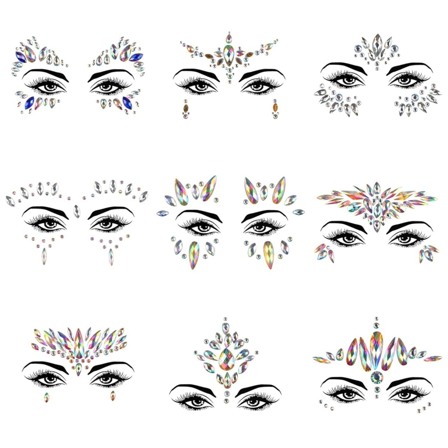 9-piece Glitter Face Gems, Self-adhesive Rhinestones, Makeup, Strass Stones Stickers, Body Jewelry, Gemstones For Carnival, Halloween, Mardi Gras